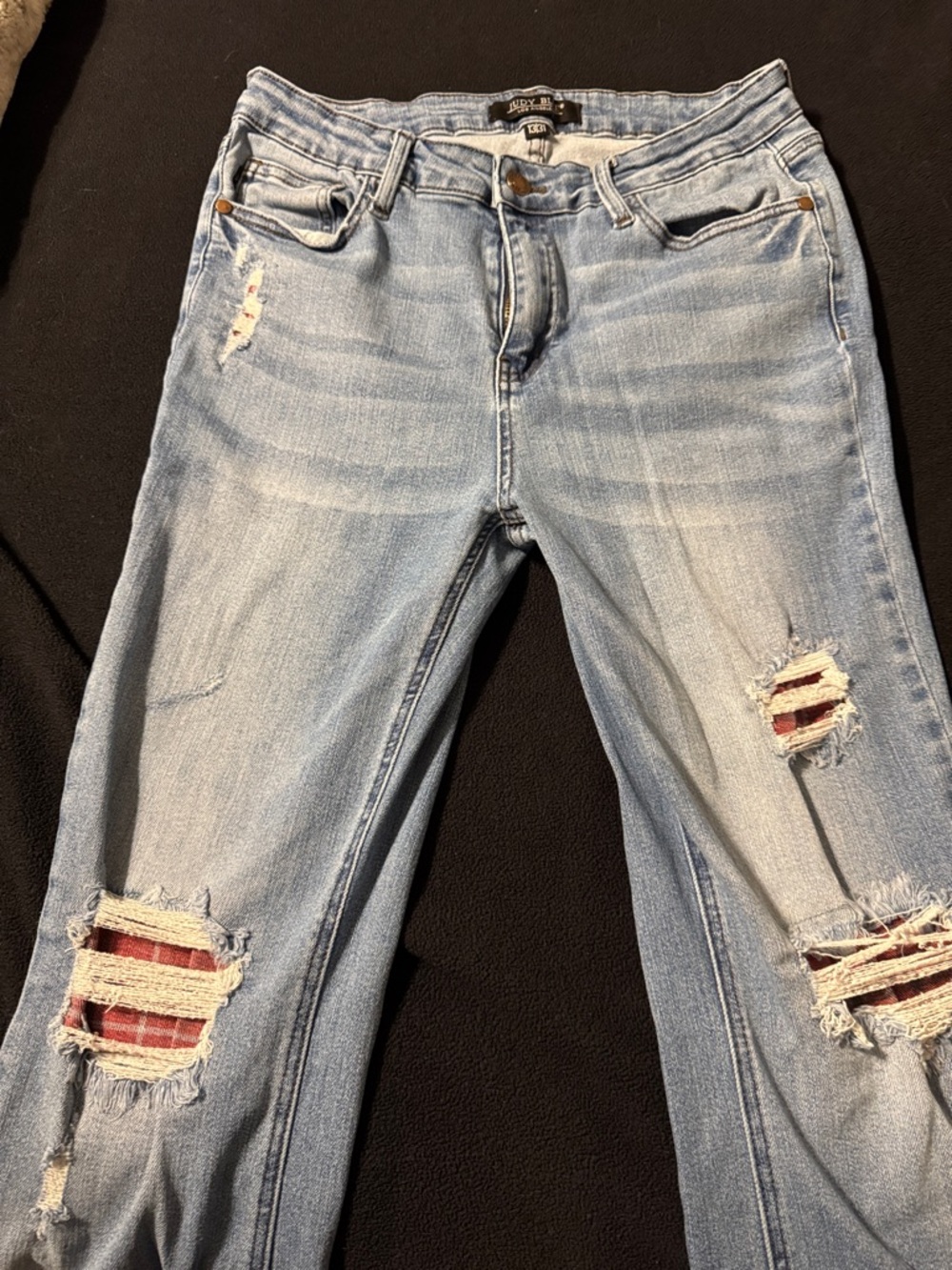 Judy Blue Light Blue Distressed Flare Jeans with Red Underpatch